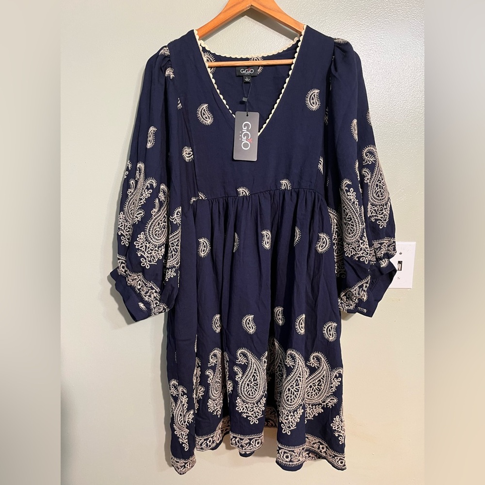 Gigio Navy Dress with Paisley Embroidery Ballon Sleeves V Neck L NWT